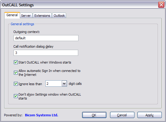 OutCALL Settings - General